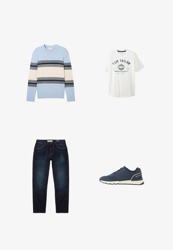 Hele sinine kootud kampsun, millel on horisontaalsed triibud tumedast sinisest, hallist ja kreemjast. Valmistatud pehmest kudumismaterjalist, millel on ümmargune kaelus.; Valge puuvillane T-särk, millel on ümmargune kaelus, lühikesed varrukad ja must-sinine esiprindiga, millel on brändi nimi "Tom Tailor."; Tumedat sinise denimist teksad, standard sobivusega, varustatud lukuga, viie taskuga ja kontrastsete kollaste õmblustega. Üksikasjalikult sile tekstuur.; Tumesinise võrkkattega sportlik toss, valge tallaga, musta tallapinnaga ning "Tom Tailor" logo kandekontuuril.