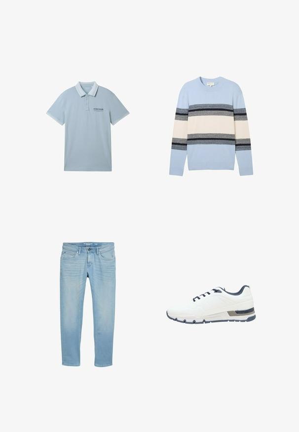 Lyseblå pullover trøje med horisontale striber i mørkeblå, grå og creme. Lavet af blødt strikket materiale med rund hals.; Lysblå polo-shirt i blødt stof, med kravehals, to-knap placket og kontrasterende hvid kant på ærmer og krave.; Lyseblå tapered jeans med frontknap, bælteløkker og fem-lommer design, størrelse 31/32 fra Tom Tailor.; Hvide sportsko med marineblå detaljer, struktureret overdel, seks snørrehuller, polstret sål og et diskret mønster på siderne.