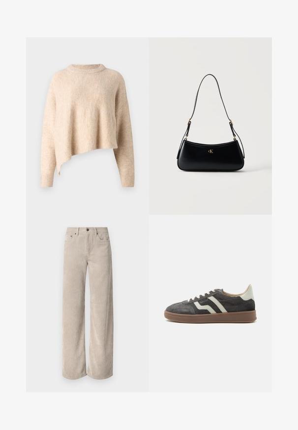 Beige verkürzter Pullover mit rundem Ausschnitt, weichem Textil und langen Ärmeln. Hat einen leicht asymmetrischen Saum und gerippte Bündchen.; Beige Kordhose im Weitschnitt mit vertikalen Streifen, ausgestattet mit einem Knopfverschluss und frontalen Taschen. Weicher, strukturierten Stoff in lockerer Passform.; Grauer Corduroy-Low-Top-Sneaker mit weißen Seitenstreifen, beigem Fersenlasche, weißen Schnürsenkeln und brauner Gummisohle.; Schwarze Leder-Schultertasche mit geschwungener Form, verstellbarem Riemen und goldenem "cK"-Logo vorne in der Mitte.