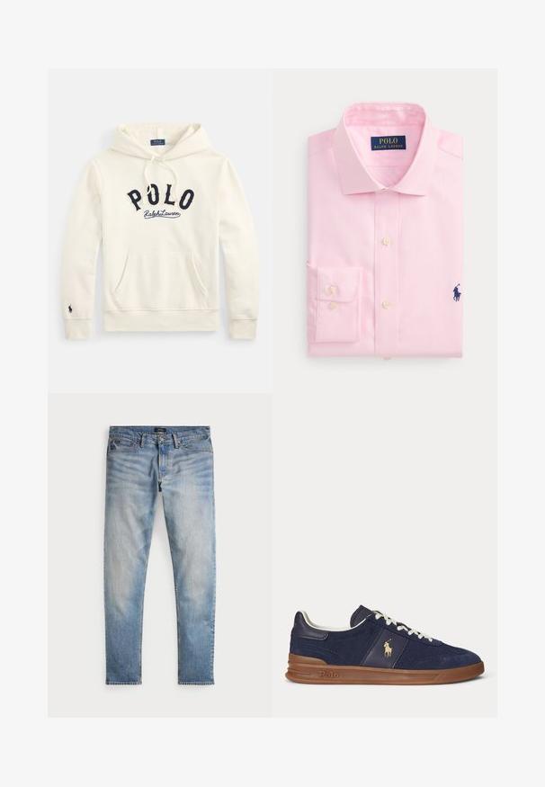 Off-white hooded sweatshirt met kangaroezak, marineblauwe "POLO Ralph Lauren" letters op de borst en een klein geborduurd logo op de linkermouwmanchet.; Lichtroze overhemd met lange mouwen, opgevouwen met dichtgeknoopte manchetten en kraag, met donkerblauw Polo Ralph Lauren-logo op de borst.; Lichtblauwe denim jeans met een vervaagde afwerking, vijfzakkenontwerp en contrasterende stiksels. Heeft een ritssluiting en riemlussen. Rechte snit.; Marineblauwe lage sneaker met witte veters, bruine zool en Polo-spelerlogo aan de zijkant, gezien van links.