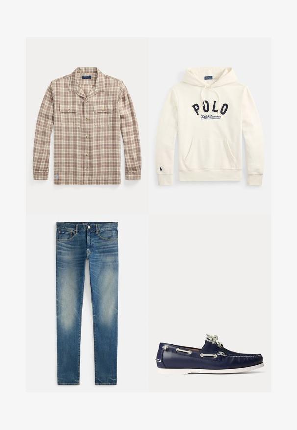 Off-white hooded sweatshirt met kangaroezak, marineblauwe "POLO Ralph Lauren" letters op de borst en een klein geborduurd logo op de linkermouwmanchet.; Beige-wit geruit overhemd met lange mouwen, knopen, kraag en twee borstzakken, Polo Ralph Lauren-label zichtbaar aan de binnenkant van de kraag.; Blauwe vervaagde slim-fit jeans met knoop- en ritssluiting, voorzakken en klein muntzakje, plat gelegd op een witte achtergrond.; Marineblauwe leren boot schoen met witte veters en stiksels, voorzien van een witte rubberen zool en metalen veteroogjes op een lichte achtergrond.