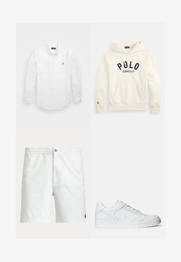 Hägune kapuutsiga dressipluus helerohelise tooniga, ees tasku, rinnaosas tumelilla "POLO Ralph Lauren" kirjaga ning vasaku varruka mansetil väike tikitud logo.; Valge pikavarrukaga puuvillane särk, millel on nööpidega kaelus, vasakul rinnal väike tumesinine logo ja klassikaline nööpide sulgemine.; Valged meeste lühikesed püksid elastse vööe, nööpidega kinnituse, küljetaskute ja väikese tumeda logoga ühe jala alumise ääre lähedal.; Valged nahast spordijalatsid siledast materjalist, millel on ventilatsiooniga varvas, paelad ja kõrvale brodeeritud logo. Valge kummitald.