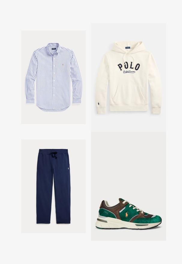 Valkoisen sävyinen huppari, jossa on kengurutasku, rintakehällä tummansininen "POLO Ralph Lauren" -kirjainlogo ja vasemman hihan kalvosimessa pieni kirjailtu logo.; Sinivalkoinen pystysuora raidallinen pitkähihainen napillinen kauluspaita, jossa on nappikiinnitys ja pieni kirjailtu logo rinnassa.; Laivastonsiniset collegehousut, jotka on valmistettu pehmeästä puuvillasta. Niissä on kiristysnauhallinen vyötärö ja pieni logo vasemman reiden yläosassa. Hieman sileä pinta ja suora lahje.; Nahat ja verkkomateriaali sneakerit tummanvihreänä ja ruskeana, jossa on kermavärinen välipohja, vaaleanharmaita yksityiskohtia ja hillitty logo sivulla.
