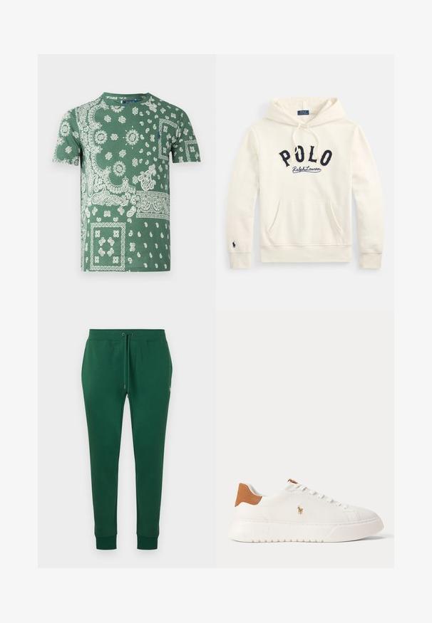 Krémovo-biela mikina s kapucňou a klokankovým vreckom, námornícky modrý nápis "POLO Ralph Lauren" na hrudi a malým vyšívaným logom na manžete ľavého rukáva.; Zelené bavlnené tričko s detailnými bielymi paisley a kvetinovými vzormi, okrúhlym výstrihom a krátkymi rukávmi.; Tmavozelené teplákové nohavice s nastaviteľným pásom so šnúrkou, bočnými vreckami, manžetami na členkoch a malým bielym vyšívaným logom na pravej bok.; Biely nízky teniska s béžovou pätovou záložkou, bielymi šnúrkami a malým vyšívaným logom hráča póla na boku nad tlustou podrážkou.