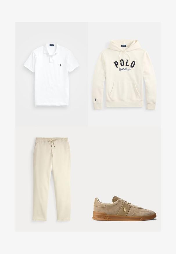 Sudadera de color blanco roto con capucha y bolsillo canguro, con letras en azul marino "POLO Ralph Lauren" en el pecho y pequeño logo bordado en el puño de la manga izquierda.; Camisa polo blanca de algodón. Cuenta con un cuello clásico, una tapeta de tres botones, mangas cortas y un pequeño logo en azul marino en el pecho.; Pantalones casuales color blanco roto con cinturilla elástica y cordón, piernas rectas y bolsillos laterales sobre un fondo liso.; Zapatilla beige de ante y cuero con suela de goma, cordones blancos y logo Polo en el lateral y la suela.