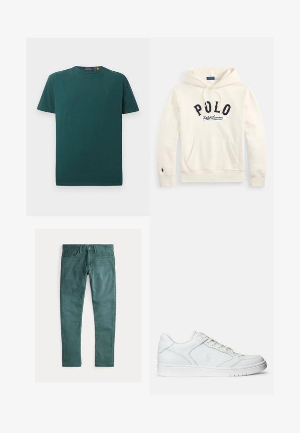 Cremeweißer Kapuzenpullover mit Kängurutasche, marineblauer "POLO Ralph Lauren" Schriftzug auf der Brust und kleinem gesticktem Logo am linken Ärmelsaum.; Dunkelgrünes Baumwoll-T-Shirt mit rundem Ausschnitt und kurzen Ärmeln. Verfügt über ein kleines besticktes Logo auf der linken Brust. Angenehme Textur, klassischer Schnitt.; Grüne Jeans aus Baumwolle mit schmaler Passform. Verfügt über zwei frontale Taschen, einen Reißverschluss und Kontrastnähte. Glatte Textur, einheitliche Farbe.; Weißer Ledersneaker mit glatter Textur, ausgestattet mit einer perforierten Zehenpartie, Schnürverschluss und gesticktem Logo an der Seite. Weiße Gummisohle.