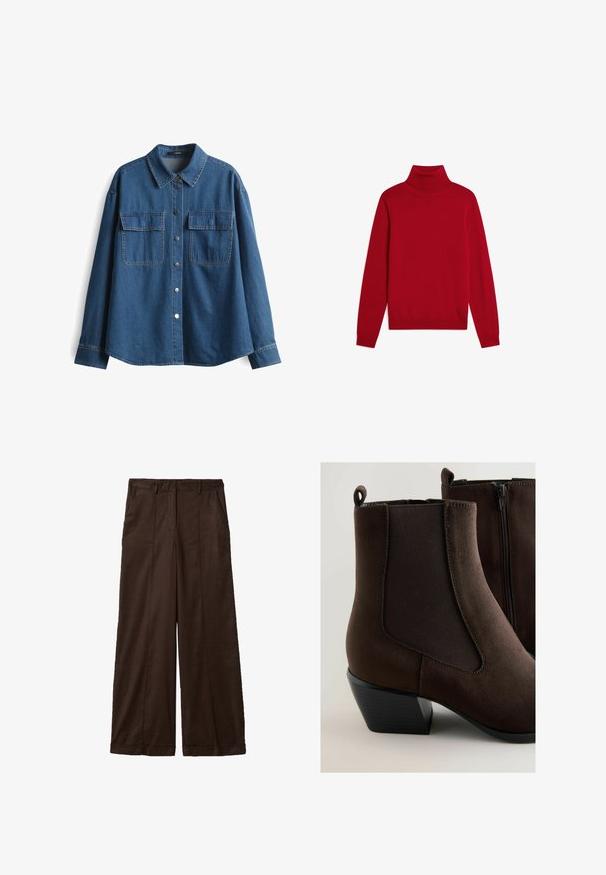 Roter Rollkragenpullover mit langen Ärmeln, gerippten Bündchen und Saum, flach liegend auf weißem Hintergrund dargestellt.; Dunkelblaue Jeanshemd mit Kragen, langen Ärmeln, zwei Brusttaschen und silbernen Druckknöpfen entlang der Vorderseite und an den Manschetten.; Dunkelbraune Hose mit weitem Bein, Vordertaschen, Gürtelschlaufen und verdecktem vorderem Verschluss.; Braune Wildleder-Stiefeletten mit doppelten elastischen Seiteneinsätzen, einem Reißverschluss und einem niedrigen Blockabsatz. Glatte Textur mit Nahtdetails.