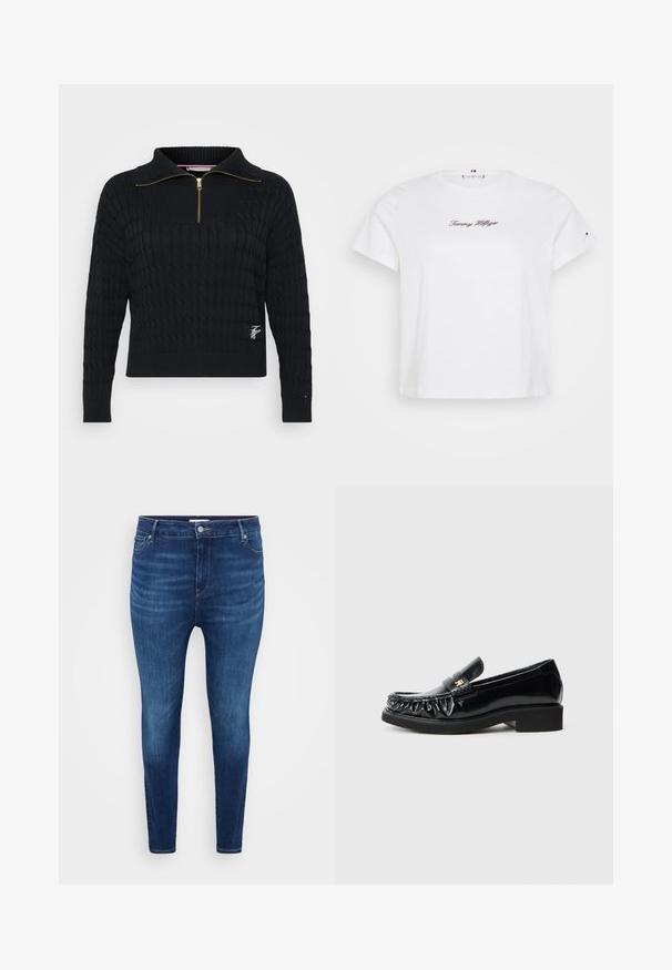 Schwarzer, gestrickter Pullover mit einem Reißverschlusskragen, strukturiertem Zopfmuster, gerippten Bündchen und einem kleinen, gestickten Logo am Saum.; Tommy Hilfiger Curve CLASSIC SCRIPT TEE - T-Shirt print - ecru; Dunkelblaue Skinny-Jeans mit vorderen Taschen, Gürtelschlaufen und einem Knopfverschluss auf einem schlichten hellen Hintergrund.; Schwarze Lacklederschuhe mit dekorativem gerafftem Rand, flacher Gummisohle und einem kleinen metallischen Logoschmuck auf dem Riemen.