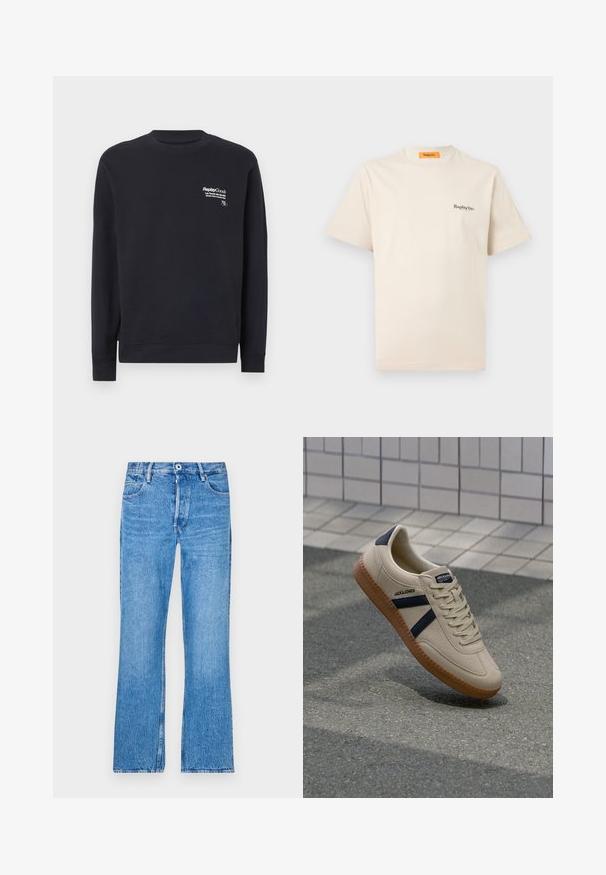 Navy Sweatshirt aus Baumwolle mit Rundhalsausschnitt, langen Ärmeln, gerippten Bündchen und einem weißen bedruckten Logo auf der Brust.; Replay Inc. ESSENTIAL LOGO UNISEX - T-Shirt basic - ivory; Blaue, gerade geschnittene Jeans aus Denim mit einem verfärbten Waschlook. Mit Knopfverschluss, Gürtelschlaufen und dem klassischen Fünf-Taschen-Design.; Beige Sneaker mit strukturierter Oberfläche, dunkelblauen Streifen und Gummisohle. Verfügt über eine gepolsterte Zunge und ein traditionelles Schnürsystem für einen sicheren Sitz.