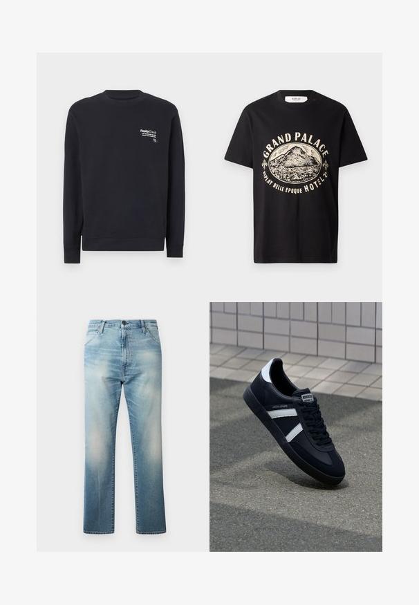 Marineblå sweatshirt lavet af bomuld med rund hals, lange ærmer, ribbede manchetter og et hvidt trykt logo på fronten brystområde.; Sort bomulds T-shirt med en beige grafisk print af et bjerg og teksten "Grand Palace Replay Belle Epoque Hotel." Simpelt crew-neck design.; Replay WAINE PANTS - Jeans Relaxed Fit - light blue; Sort lædersneaker med hvide striber, tekstureret gummisål og snørrebånd foran. Har et brandet mærke på tungen.