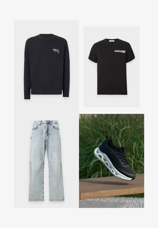 Tumesinise kapuutsiga puuvillane sweatshirt, millel on ümar kaelus, pikad varrukad, ribakuded varrukatel ja valge printitud logo rindkere piirkonnas.; Must lühikeste varrukatega t-särk ümar kaelusega ja väike valge "Replay" logo, millel on rinnal punased, kollased ja sinised triibud.; Heledsinised teksapüksid mugava lõikega, pleekinud tekstuuriga, viie taskuga ja nööbilukuga vööl. Lamedad õmblused ja laiad sääred.; Mustad sportlik jalanõu valge ventileeritava tallaga, mis hõljub puidust pingi kohal, taustal kõrge roheline muru.