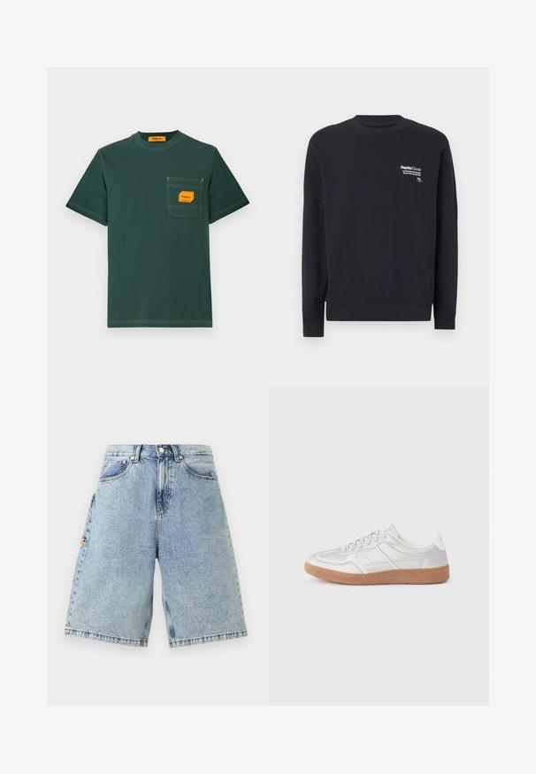 Marineblå sweatshirt lavet af bomuld med rund hals, lange ærmer, ribbede manchetter og et hvidt trykt logo på fronten brystområde.; Grøn bomuld t-shirt med rund hals, korte ærmer og en forlomma med en orange etiket. Kontrastsyning er synlig.; Blå denim shorts med høj talje, løs pasform, fem lommer og synlige sy-detaljer. Glat tekstur med en lys vaskefinish.; Sølv sneakers med en glat overflade, snørebånd, perforerede detaljer og en struktureret brun gummi sål.