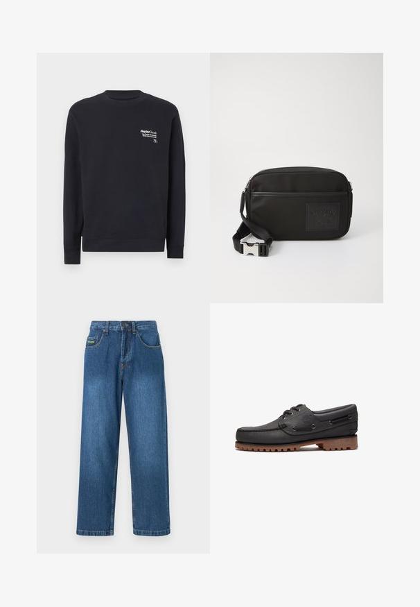Marineblå sweatshirt lavet af bomuld med rund hals, lange ærmer, ribbede manchetter og et hvidt trykt logo på fronten brystområde.; Denim jeans i en mellemblå vask med lige ben, fem lommer og gule stikninger.; Sort læder bådsko med snøredetaljer, rund tå, struktureret brun gummisål og sydd læderside.; Sort nylon crossbody taske med et tekstureret logo-patch, lynlås lukning og justerbar rem med en sølvfarvet lås.