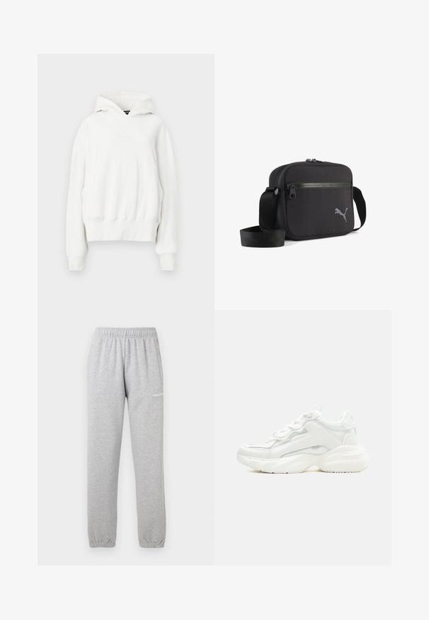 Witte hoodie met een ontspannen fit. Bevat een kangoeroe-pocket, geribde manchetten en een zachte, gestructureerde stof. Subtiele branding op de borst.; Grijze joggingbroek van zachte stof, met een elastische tailleband, geribbelde enkels en een zijzak. Logo gedrukt op de linkerdij.; Witte chunky sneaker met dikke zool, veters aan de voorkant en een glad bovenwerk van synthetisch materiaal met subtiele stikdetails.; Zwarte stoffen schoudertas met een rechthoekige vorm, voorzien van een ritssluiting, een gestructureerd oppervlak en een grijs geborduurd logo aan één kant.