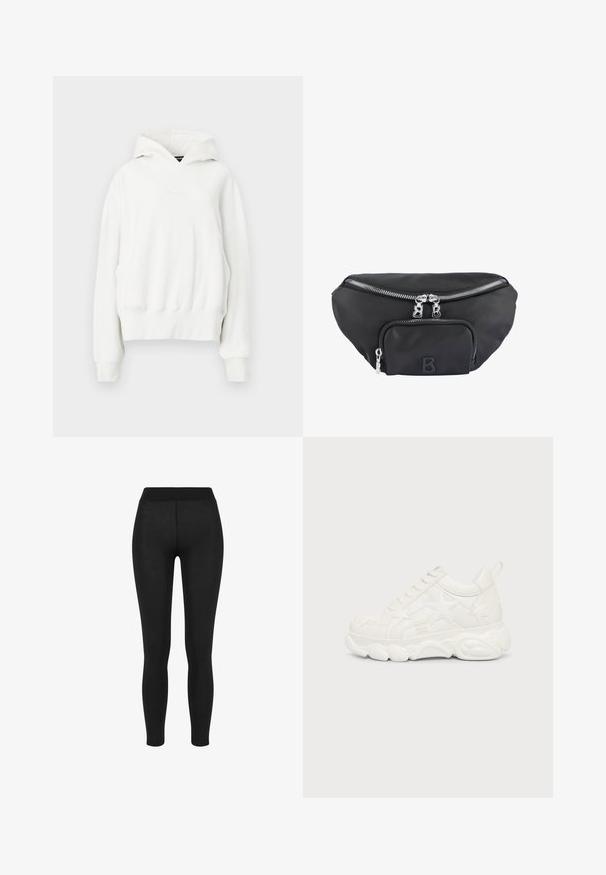 Sudadera blanca con capucha y corte relajado. Presenta un bolsillo canguro, puños de canalé y una tela suave y texturizada. Logotipo sutil en el pecho.; Leggings negros con una tela suave, cintura alta, diseño ajustado y sin costuras visibles, adecuados para uso casual o deportivo.; Zapatilla blanca gruesa con patrones en forma de estrella y suela gruesa texturizada, vista desde el lado exterior sobre un fondo liso.; Riñonera de nailon negra con un compartimento principal con cremallera y un bolsillo delantero, con cremalleras plateadas y un logotipo en relieve de la letra "B".