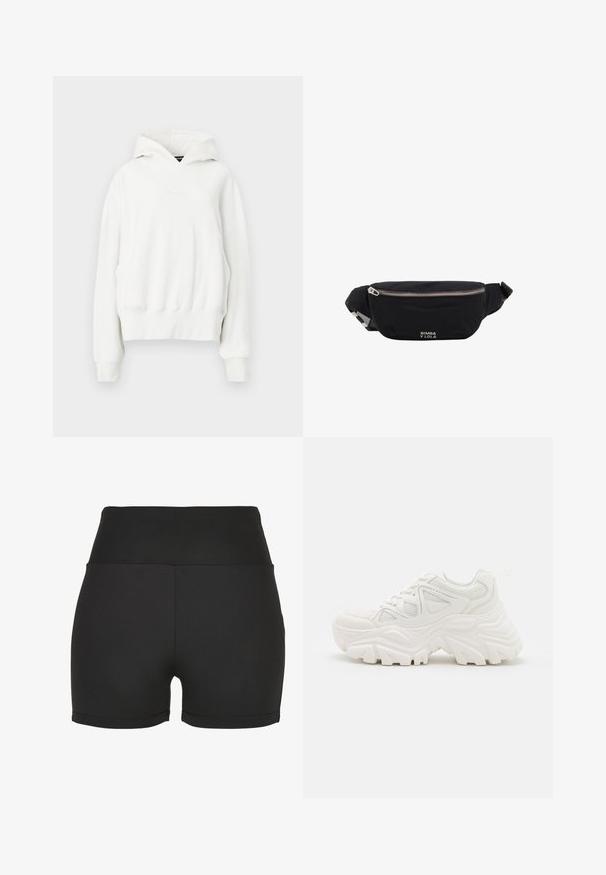 Witte hoodie met een ontspannen fit. Bevat een kangoeroe-pocket, geribde manchetten en een zachte, gestructureerde stof. Subtiele branding op de borst.; Zwarte high-waisted sportshorts gemaakt van slank, rekbaar materiaal. Bevatte gladde naden en een strakke pasvorm, ideaal voor sportkleding.; Witte chunky sneakers met een textuur bovenwerk, meshpanelen en dikke rubberen zolen met een uitgesproken profiel. Inclusief veters en een aantreklip.; Zwarte stoffen heuptas met zilveren rits en verstelbare band, voorzien van klein wit "Bimba y Lola"-logo aan de voorkant.