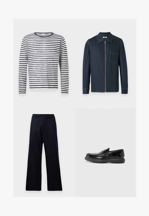 Jersey de punto con cuello redondo y mangas largas con rayas horizontales en azul marino y blanco.; Chaqueta tipo camisa de manga larga color azul marino con cuello, cierre frontal con cremallera, un bolsillo en el pecho y costuras y bordes con pespuntes en contraste blanco.; Pantalones anchos de cintura alta negros con pasadores de cinturón, botón frontal y cierre de cremallera sobre un fondo blanco liso.; Mocasín de cuero negro con un acabado brillante, punta redondeada, detalles de costura sutiles y una suela de goma gruesa para mayor durabilidad.