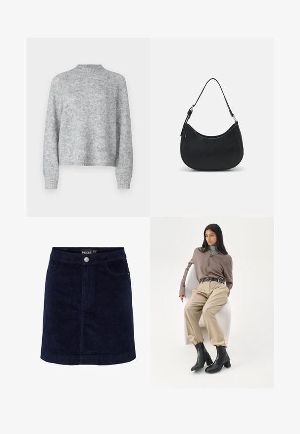 Lysegrå sweater med høj hals, lange ærmer og en løs pasform. Fremstillet af struktureret strikstof med subtile farvevariationer.; Marineblå fløjl mini nederdel med en let A-form, der har knaplukning foran og to forlommer. Glat tekstur med synlige ribber.; Kvinde med langt sort hår, der læner sig op ad en hvid buet stol iført en taupe bluse, beige bukser, sort bælte og sorte ankelstøvler med hæl.; Sort hobo taske lavet af glat læder med en buet silhuet, der har en enkelt justerbar skulderrem og minimalistiske designdetaljer.