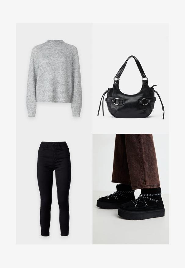 Lichtgrijze trui met hoge nek, lange mouwen en een losse pasvorm. Gemaakt van een textuur gebreide stof met subtiele kleurvariaties.; Zwarte skinny jeans met een hoge taille, gemaakt van stretchdenim. Voorzien van een sluiting met een knoop aan de voorkant en twee achterzakken. Soepele textuur.; Zwarte suède platform schoenen met dikke rubberen zolen en zwart-wit gestreepte veters. Draagt met losse, donkerbruine denim broek.; Zwarte leren handtas met een afgeronde vorm, voorzien van twee zijgespen, een gladde textuur en een korte schouderband. Accenten zijn onder andere zijfranjes.