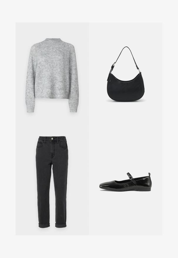 Lysegrå sweater med høj hals, lange ærmer og en løs pasform. Fremstillet af struktureret strikstof med subtile farvevariationer.; Sorte denimjeans med høj talje, fem lommer og opsmøgede nederste kant. Materialet er tykt med en glat tekstur og minimal falmen.; Sorte patentlæder flade sko med spidse tæer, en ankelrem med spænde og en glat, blank tekstur. Lav hæl for komfort.; Sort hobo taske lavet af glat læder med en buet silhuet, der har en enkelt justerbar skulderrem og minimalistiske designdetaljer.