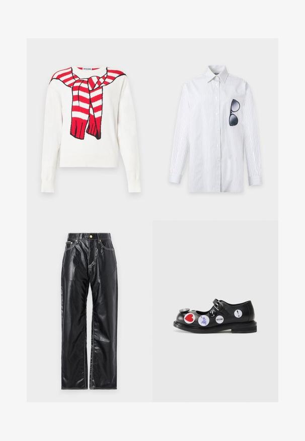 Suéter blanco de manga larga con un diseño de bufanda a rayas rojas y blancas, colocado alrededor del cuello y atado al frente.; Camisa blanca de manga larga con botones, con finas rayas verticales negras y gafas de sol negras colgadas en el bolsillo izquierdo del pecho.; Pantalones de cuero sintético negros con corte de pierna ancha, que presentan costuras blancas, bolsillos delanteros y un botón dorado en la cintura.; Zapato Mary Jane de cuero negro con una correa y hebilla, que presenta varios adhesivos redondos en acentos rojos, azules y blancos. Diseño de suela plana.