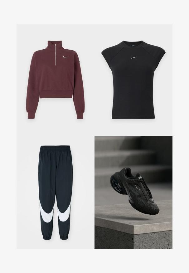 Sudadera de cremallera en color burdeos con cuello alto, diseño corto, puños y dobladillo acanalados, que presenta un logo de Nike en blanco en el pecho.; Top negro sin mangas de Nike con textura de canalé, cuello redondo y logo Swoosh blanco centrado en el pecho.; Pantalones deportivos negros con paneles curvados blancos, cinturilla elástica y puños fruncidos, fabricados con tejido ligero y un corte relajado.; Zapato deportivo negro con parte superior de cuero texturizado, logo prominente y suela acolchada. Presenta patrones abstractos y detalles suaves y redondeados.