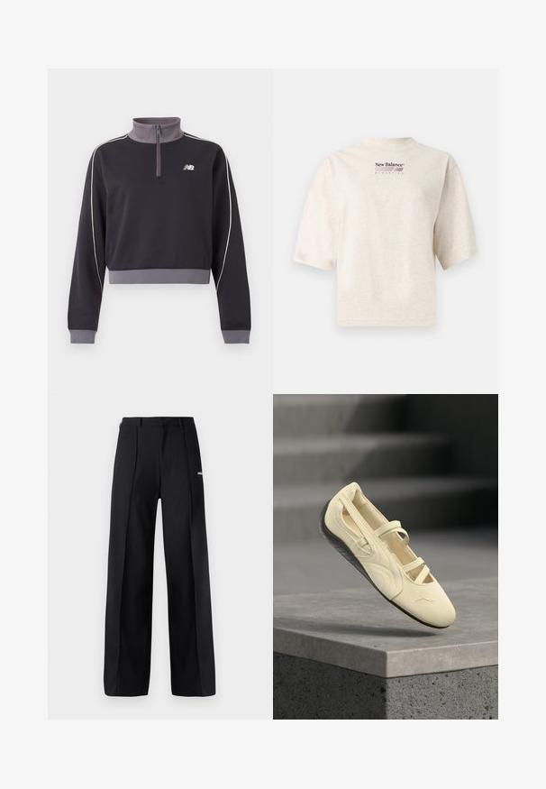 Sudadera negra y gris con cremallera hasta el cuarto, mangas largas, ribetes blancos a lo largo de las mangas, puños y bajo acanalados, y pequeño logo blanco de New Balance en el pecho.; Camiseta beige de manga corta New Balance Athletics con logo y texto burdeos centrados en el pecho, fondo liso.; Pantalones de pierna ancha de color negro, confeccionados con una tela suave, que presentan pliegues y un pequeño detalle de logo. Diseñados con una cintura de altura media.; Bailarinas de color crema con suela negra y correas elásticas, exhibidas sobre una plataforma de hormigón gris con fondo desenfocado de escaleras.