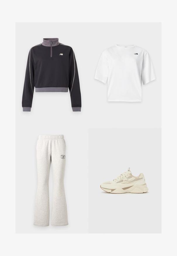 Sudadera negra y gris con cremallera hasta el cuarto, mangas largas, ribetes blancos a lo largo de las mangas, puños y bajo acanalados, y pequeño logo blanco de New Balance en el pecho.; Camiseta blanca de manga corta y cuello redondo con el logo de The North Face en negro en el pecho izquierdo.; Pantalones deportivos gris claro con cintura elástica, bolsillos laterales, pierna acampanada y pequeño logo negro de New Balance Athletics en la parte superior del muslo izquierdo.; Zapatilla FILA en crema y beige con paneles de malla, suela gruesa y diseño de cordones, mostrada de lado sobre un fondo liso.