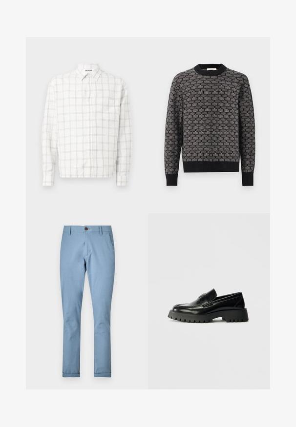 Pull en tricot noir et gris avec un motif alvéolé texturé, décolleté rond et poignets et ourlet côtelés. Coupez classique.; Chemise à manches longues en tissu blanc avec un motif à carreaux noirs, dotée d'un col pointu et d'un devant à boutons. Pas de poche visible.; Pantalon bleu clair en tissu tissé, avec une fermeture à bouton et des poches standard, doté d'une coupe fuselée et de bas de pantalon revers.; Mocassins en cuir noir avec une semelle en caoutchouc texturé et épais, dotés d'une sangle à l'avant et d'un logo discret sur le talon.