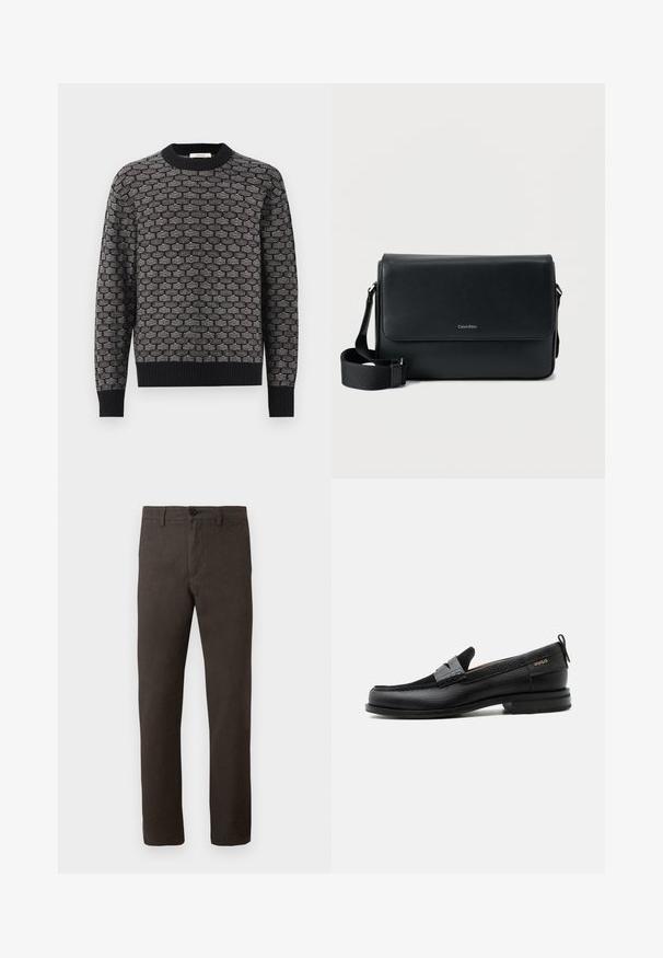 Sort og grå strikket sweater med et tekstureret honningkageskema, rund halsudskæring og ribbede manchetter og kant. Klassisk pasform.; Brune bukser lavet af et tekstureret stof, med et lige ben-design, en enkelt knaplukning og et minimalistisk stil.; Sort læderloafer med grå remdetalje, lav hæl og tekstureret sål, mærket med "HUGO" i guld på siden.; Sort læder messenger taske med tekstureret finish, justerbar rem og en frontklap med et diskret logo. Kompakt og rektangulær form.