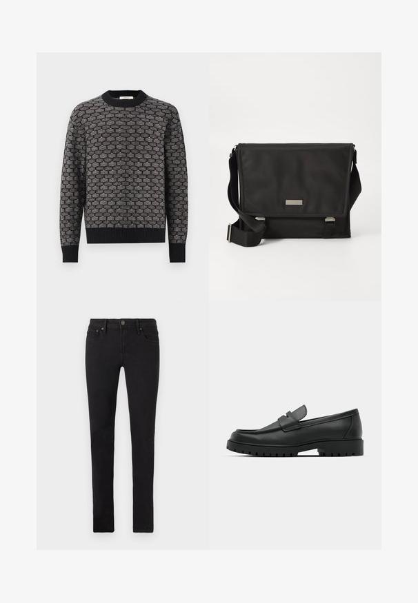 Schwarzer und grauer gestrickter Pullover mit einem strukturierten Wabenmuster, rundem Ausschnitt und gerippten Bündchen und Saum. Klassische Passform.; Schwarze Slim-Fit-Jeans mit fünf Taschen, Knopfverschluss und Gürtelschlaufen, flach auf einem weißen Hintergrund präsentiert.; Schwarze Lederloafer mit runder Zehenform, ausgestattet mit einem gesteppten Design, niedrigem Plattformsohle und einer strukturierten, genoppten Gummisohle.; Schwarze Umhängetasche aus Nylon mit matter Oberfläche. Verfügt über einen Klappenverschluss, einen verstellbaren Trageriemen und eine kleine Metall-Logo-Platte.