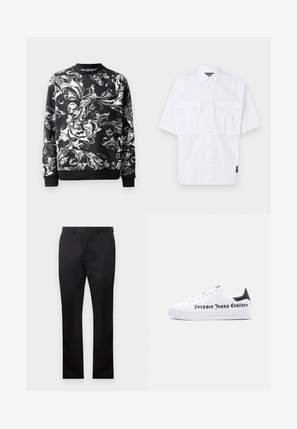Schwarzer Pullover mit aufwendigen weißen Blumenmustern, rundem Halsausschnitt und gerippten Bündchen. Glattes Material mit entspanntem Schnitt.; Weißes kurzärmliges Hemd mit Knopfverschluss, zwei aufgesetzten Taschen vorne und Markenetikett an der Seite. Glatte Textur und lässige Passform.; Schwarze Baumwollhosen mit geradem Bein, ausgestattet mit einem vorderen Knopfverschluss und seitlichen Taschen, glatte Textur, keine sichtbaren Muster.; Weißer Sneaker mit niedrigem Schnitt, schwarzem Fersenlasche, Schnürdesign und dem Schriftzug "Versace Jeans Couture" in Schwarz auf der Seite gedruckt.
