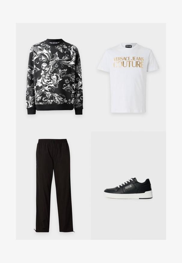 Sort sweatshirt med indviklede hvide blomster mønstre, rund halsudskæring og ribbede manchetter. Glat stof med en afslappet pasform.; Hvid bomulds t-shirt med fedt guld "VERSACE JEANS COUTURE" tekst på fronten. Rund hals og korte ærmer.; Sorte letvægtsbukser med elastisk talje, snørrelseslukning og lynlåse i kanten for justerbar pasform. Glat, elegant tekstur.; Sorte lædersneakers med hvid sål, med et logo på siden, rund tå og perforeret design for åndbarhed. Hvide snørebånd.