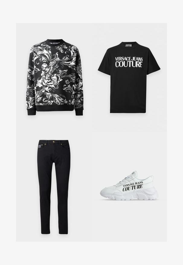 Sudadera negra con intrincados patrones florales blancos, escote redondeado y puños acanalados. Tejido suave con un corte relajado.; Camiseta negra de manga corta con texto en negrita blanco "VERSACE JEANS COUTURE" centrado en el frente y una etiqueta a juego en el interior del cuello.; Jeans de mezclilla negra de corte slim, con herrajes en tono dorado, cinco bolsillos y una pequeña etiqueta de la marca en el bolsillo derecho.; Zapatilla blanca Versace Jeans Couture con suela gruesa y logo de la marca en negro en el lateral, mostrada sobre un fondo claro y liso.