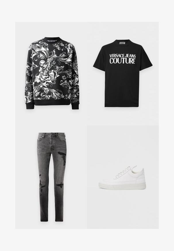 Schwarzer Pullover mit aufwendigen weißen Blumenmustern, rundem Halsausschnitt und gerippten Bündchen. Glattes Material mit entspanntem Schnitt.; Schwarzes T-Shirt mit kurzen Ärmeln und auffälligem weißem Schriftzug "VERSACE JEANS COUTURE" mittig auf der Vorderseite sowie einem passenden Etikett im Krageninnenteil.; Schwarze Denim-Jeans mit Rissdetails, schlankem Schnitt, fünf Taschen und klassischem Reißverschluss. Abgetragenes Aussehen mit verblassten Stellen.; Weißer Ledersneaker mit abgerundetem Zehenbereich, flacher Sohle und Schnürverschluss. Verfügt über Nahtdetails und einen gepolsterten Kragen für zusätzlichen Komfort.