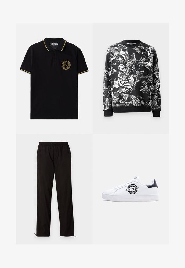 Sort sweatshirt med indviklede hvide blomster mønstre, rund halsudskæring og ribbede manchetter. Glat stof med en afslappet pasform.; Sort polo-shirt lavet af bomuld med en krave med gule striber, to-knap lukning og et broderet rundt logo på venstre bryst.; Sorte letvægtsbukser med elastisk talje, snørrelseslukning og lynlåse i kanten for justerbar pasform. Glat, elegant tekstur.; Hvid lavtop-sneaker med sort hælfane, sort cirkulært "Versace Jeans Couture"-logo på siden, hvide snørebånd og præget tekst på sålen.