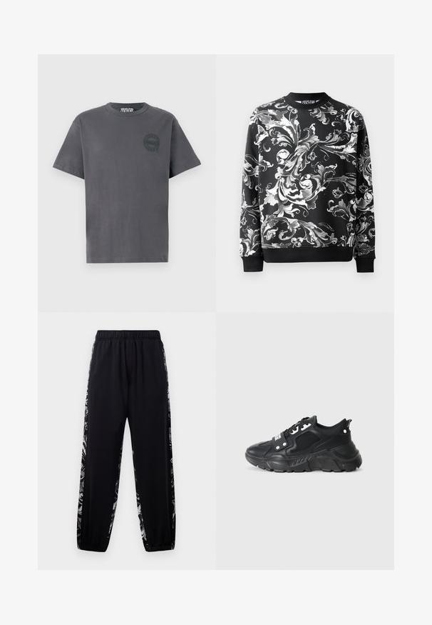 Sort sweatshirt med indviklede hvide blomster mønstre, rund halsudskæring og ribbede manchetter. Glat stof med en afslappet pasform.; Mørkegrå kortærmet T-shirt med rund hals og lille cirkulært Versace Jeans Couture-logo på venstre bryst.; Sorte joggerbukser med elastisk talje og manchetter, prydet med grå og hvide blomsterprintstriber langs ydersiden af benene.; Sort atletisk sneaker med en tekstureret mesh-panel, tykk gummisål, kontrasterende accenter og snørelukning. Har en bageste trækstrop.