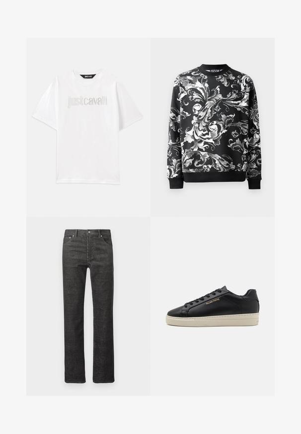 Sudadera negra con intrincados patrones florales blancos, escote redondeado y puños acanalados. Tejido suave con un corte relajado.; Camiseta de algodón blanca con mangas cortas y un corte relajado. Presenta "Just Cavalli" bordado en plata en el pecho.; Jeans de pana negros de pierna recta con bolsillos delanteros y traseros, presillas para cinturón y cierre de botón sobre fondo blanco.; Zapatilla de cuero negra con un acabado suave, suela crema en contraste, puntera redonda, logo dorado en el lateral y seis ojales para los cordones.