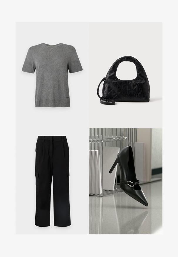 T-shirt gris à manches courtes en tissu doux. Col rond, coupe décontractée, avec un logo discret à l'ourlet. Texture lisse partout.; Pantalon cargo noir à jambes larges avec poches à rabat latérales, passants de ceinture et fermeture avant dissimulée.; Chaussure à talon haut noire pointue avec une bride à boucle argentée, placée sur une surface réfléchissante près d’un organiseur métallique contenant des papiers.; Sac à main en cuir noir avec une anse supérieure incurvée, un motif en diamant subtile, et une bandoulière détachable. La texture est lisse avec des détails embossés.