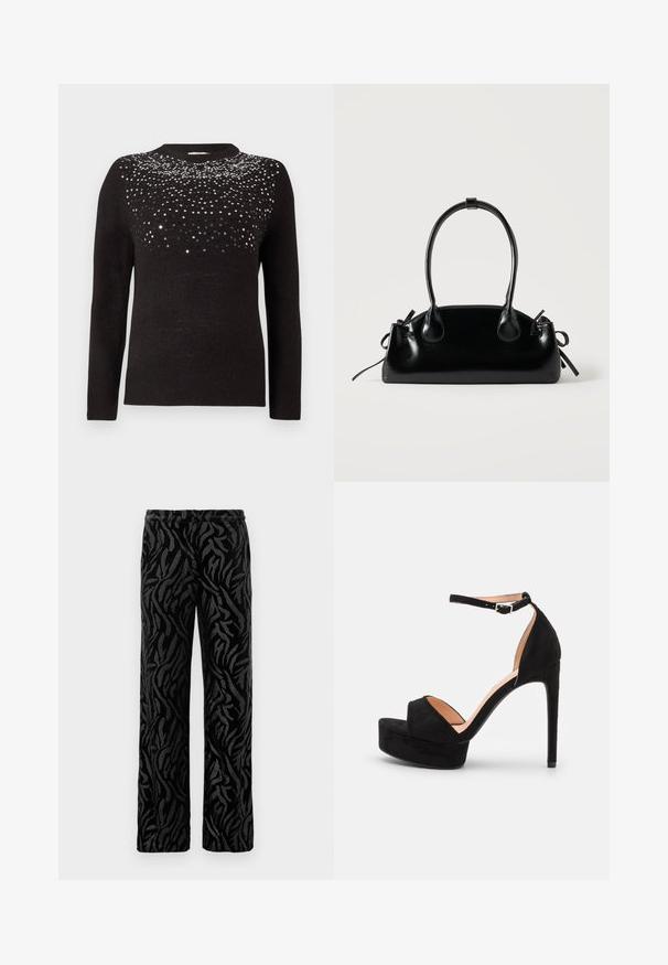 Suéter negro de manga larga y cuello redondo. Parte superior adornada con un degradado de lentejuelas negras y plateadas. Textura suave.; Pantalones negros con un patrón texturizado y en espiral. Fabricados con un material suave, tienen un corte de pierna recta y una cinturilla elástica para mayor comodidad.; Sandalia de tacón alto de ante negro con suela de plataforma, tira en el tobillo con herrajes plateados, diseño de punta abierta y textura suave.; Pequeño bolso negro brillante con dos asas largas y detalles de cordón lateral sobre un fondo claro liso.