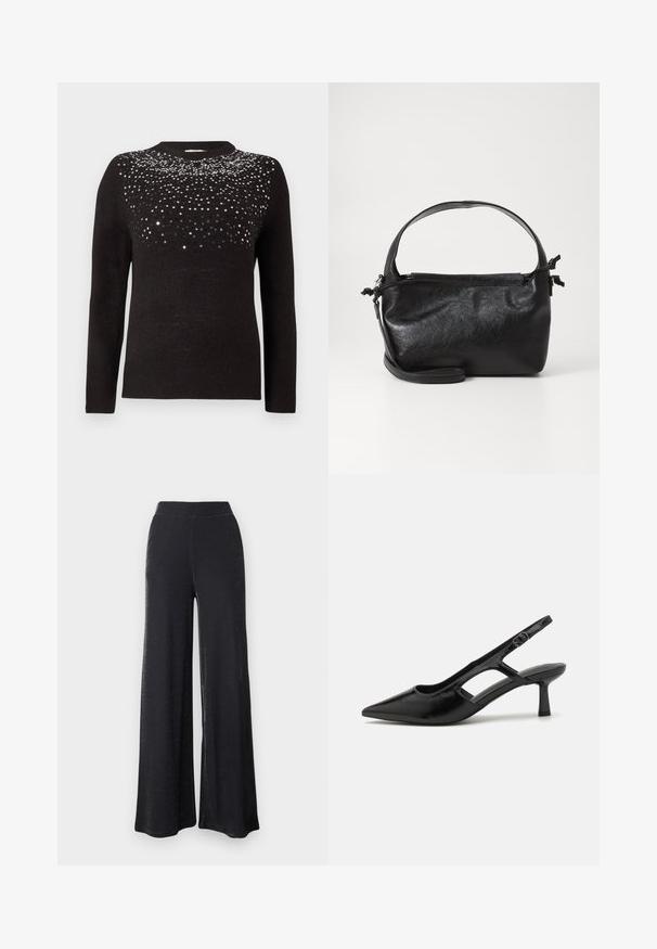 Pull noir à manches longues et col rond. Partie supérieure ornée d'un dégradé de sequins noirs et argentés. Texture douce.; Pantalons larges noirs en matériau doux et extensible avec un subtil éclat, dotés d'une taille élastique et d'une coupe décontractée.; Escarpins noirs à talon ouvert avec un embout pointu, fabriqués en matériau brillant, présentant des accents découpés et un talon modéré pour un bon soutien.; Sac à main en cuir noir au design structuré, avec une poignée arrondie et une bandoulière amovible. Présente une texture lisse et un éclat subtil.