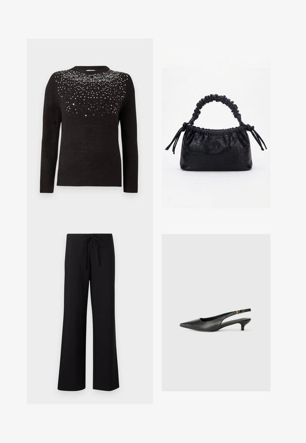 Pull noir à manches longues et col rond. Partie supérieure ornée d'un dégradé de sequins noirs et argentés. Texture douce.; Pantalons larges noirs en tissu doux, dotés d'une taille à cordon de serrage et d'une texture lisse, conçus pour le confort et la polyvalence.; Chaussure slingback noire à bout pointu en cuir lisse. Présente un talon fin et un détail de boucle sur la sangle réglable.; Sac à main noir avec texture crocodile, bord supérieur froncé, poignée plissée et pompons à cordon de chaque côté sur fond blanc.