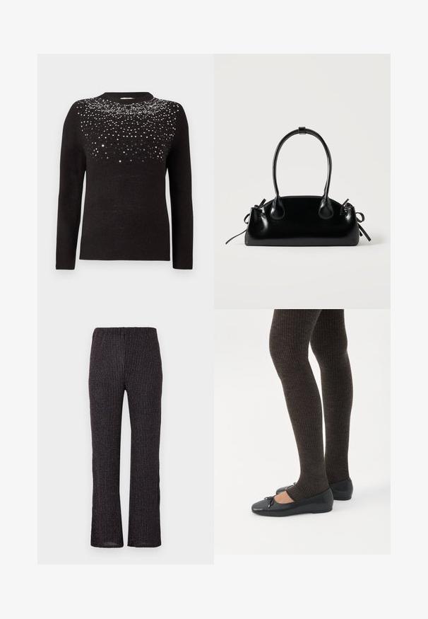 Suéter negro de manga larga y cuello redondo. Parte superior adornada con un degradado de lentejuelas negras y plateadas. Textura suave.; Pantalones negros acanalados con una cintura elástica, que cuentan con un corte de pierna recta y sutiles destellos iridiscentes por todo el tejido texturizado.; Piernas con leggings oscuros acanalados combinados con bailarinas negras que presentan pequeños detalles de lazo sobre un fondo blanco.; Pequeño bolso negro brillante con dos asas largas y detalles de cordón lateral sobre un fondo claro liso.
