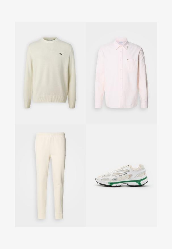 Pull crème en maille douce, avec un col rond, des poignets côtelés et un petit logo vert sur la poitrine.; Chemise à rayures rose clair, à manches longues, avec col, poche poitrine et logo Lacoste vert sur le côté gauche de la poitrine.; Pantalons de survêtement couleur crème en tissu doux, avec une taille élastique, des jambes fuselées et des chevilles resserrées. Design simple sans motifs.; Sneaker blanc avec accents verts et semelle en caoutchouc noir. Comprend des panneaux en mesh et en synthétique, avec une finition texturée et des coutures visibles.