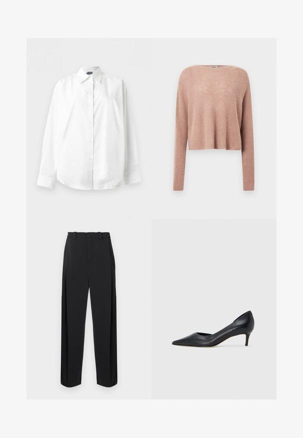 Pull court rose clair en texture côtelée douce, avec manches longues et encolure large. Design simple et minimaliste.; Chemise blanche à manches longues avec col pointu, boutonnée, présentée à plat sur un fond blanc uni.; Pantalon noir à taille haute, devant plissé, jambes droites. Confectionné dans un tissu lisse, avec passants de ceinture et poches latérales.; Escarpin en cuir noir avec un bout pointu et un talon bas. Présente une texture lisse et un éclat subtil. Découpe ouverte à l'avant pour un détail supplémentaire.