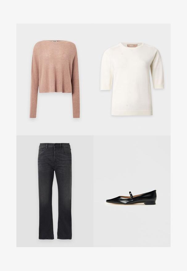 Lyserød cropped sweater lavet af blødt, ribbet materiale med lange ærmer og en bred halsudskæring. Enkel, minimalistisk design.; DAY Birger et Mikkelsen CAROLINA DAILY - T-shirts basic - jet stream; Sorte denimjeans med lige ben, der har et klassisk fem-lomme design, knaplukning og subtilt slid på stoffet.; Sorte patenterede læder Mary Jane flade sko med spids tå, én rem og lav hæl på ensfarvet baggrund.