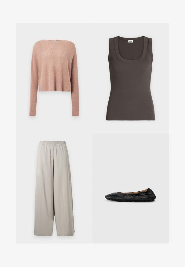 Lyserød cropped sweater lavet af blødt, ribbet materiale med lange ærmer og en bred halsudskæring. Enkel, minimalistisk design.; Mørkegrå ribstrikket ærmeløs tanktop med rund halsudskæring, vist på hvid baggrund.; Lyse beige bukser med vide ben, elastisk talje, løs pasform og ankel-længde kant, vist mod en hvid baggrund.; Sort læder balletflade med samlet detaljering ved kraven, rund tå og fleksibel gummisål. Glat tekstur hele vejen igennem.