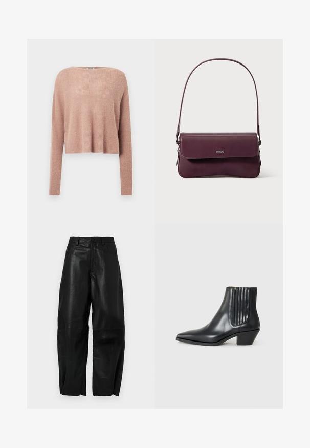 Light pink cropped sweater made of soft, ribbed texture, featuring long sleeves and a wide neckline. Simple, minimalistic design.; Black leather pants with a loose fit, featuring a straight leg design, front pockets, and visible stitching details.; Black leather ankle boot with pointed toe, elastic side panels with vertical grooves, and a low block heel. Smooth texture and sleek design.; Burgundy leather handbag with a structured design, featuring a flap closure and an adjustable strap. Logo detail embossed on the front.