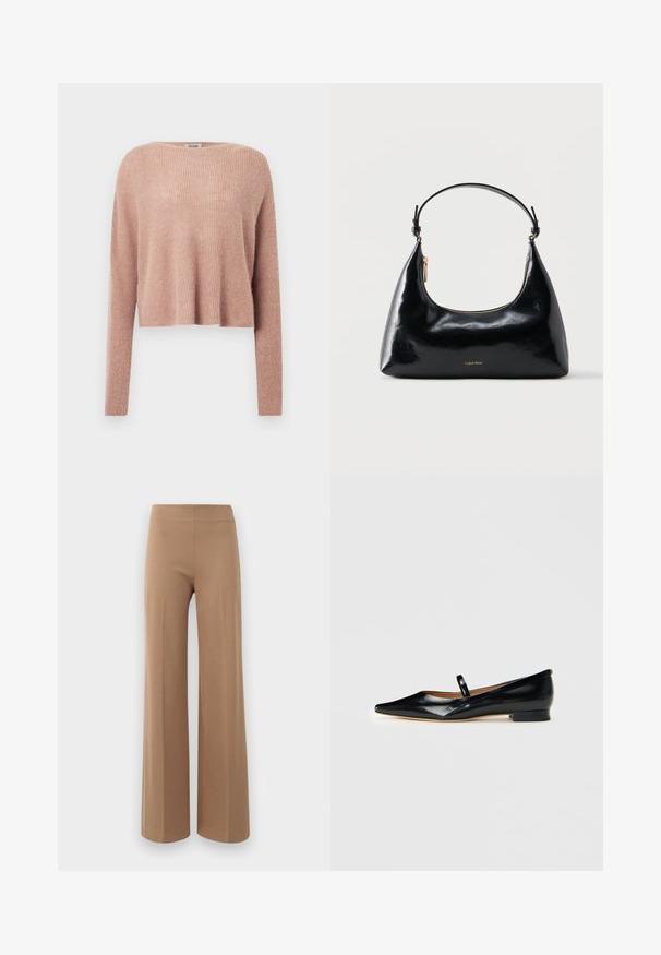 Lyserød cropped sweater lavet af blødt, ribbet materiale med lange ærmer og en bred halsudskæring. Enkel, minimalistisk design.; Løse bukser i lys brun, strækbart stof med en glat tekstur og et højt, elastisk taljebånd. Ingen synlige lukninger eller lommer.; Sorte patenterede læder Mary Jane flade sko med spids tå, én rem og lav hæl på ensfarvet baggrund.; Sort blank Calvin Klein håndtaske med gyldent lynlås og kort rem mod en ensfarvet hvid baggrund.