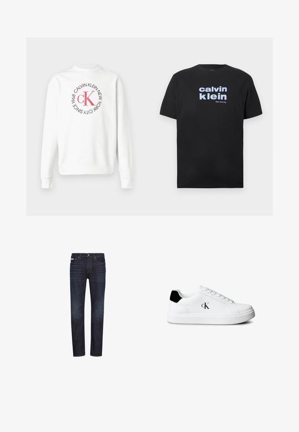 Weißes Sweatshirt mit langen Ärmeln, rundem Kragen und rotem CK-Logo, umgeben von schwarzem Text mit der Aufschrift "Calvin Klein New York City Seit 1968" auf der Vorderseite.; Schwarzes Baumwoll-T-Shirt mit einem Frontdruck in hellblauem Text: "calvin klein" und "New York City", mit klassischem Rundhalsausschnitt und kurzen Ärmeln.; Dunkelblaue Jeans aus Denim mit geraden Beinen, fünf Taschen, Reißverschluss und orangefarbenen Nähten. Glatte Textur, klassisches Design.; Weißer Sneaker in niedriger Schnittform mit schwarzem Fersenlasche und „cK“ Logo an der Seite, ausgestattet mit weißen Schnürsenkeln und dicker weißer Sohle.